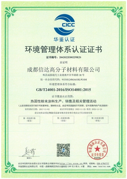 China Chengdu Hsinda Polymer Materials Co., Ltd. Certification